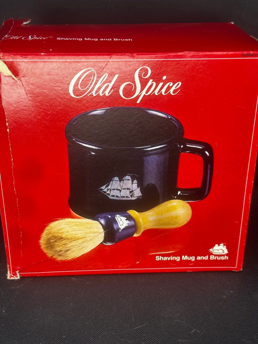 NEW 1985 Old Spice Shaving Mug, Boar Bristle Shaving Brush damaged box